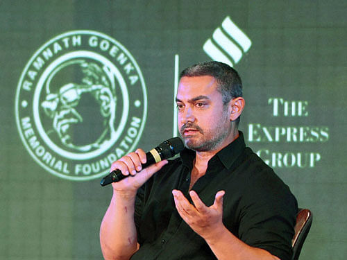 Actor Aamir Khan speaks at the 8th edition of Ramnath Goenka Excellence in Journalism Awards in New Delhi on Monday. PTI Photo