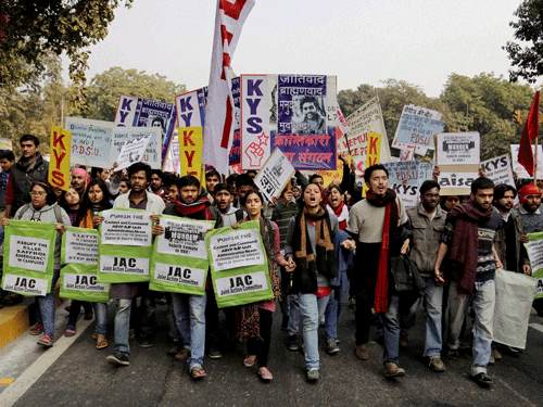 Students march towards office of HRD Minister Smriti Irani to demand her resignation during a protest against the death of Hyderabad's student Rohith Vemula in New Delhi on Wednesday. PTI Photo.