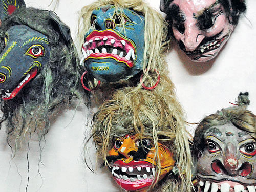 Masks on display at the home of a master mask maker in Majuli. Photos by author