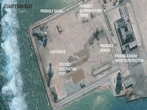 A satellite image released by the Asian Maritime Transparency Initiative at Washington's Center for Strategic and International Studies shows construction of possible radar tower facilities in the Spratly Islands in the disputed South China Sea. China has deployed fighter jets to the same contested island in the South China Sea to which it also has sent surface-to-air missiles, US officials said today. Reuters photo
