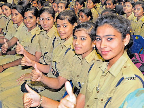 Girl SPCs at the inauguration of the annual summer camp  organised by the Student Police Cadet Project at Kanteerava  Indoor stadium in the City on Wednesday. DH PHOTO