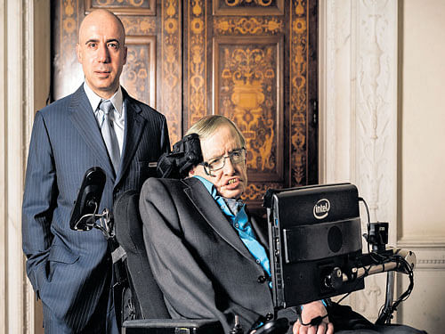 flying to the stars: In a file photo, Yuri Milner, the internet entrepreneur and philanthropist, with Stephen Hawking at the Royal Society in London. Milner and Hawking announced the Breakthrough Starshot initiative, which would send a fleet of tiny probes to Alpha Centauri in about 20 years time. nyt