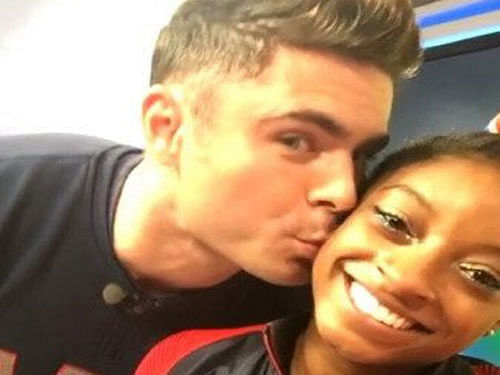 American gymnast Simone Biles and  her longtime celebrity crush Zac Efron. Image courtesy Twitter.
