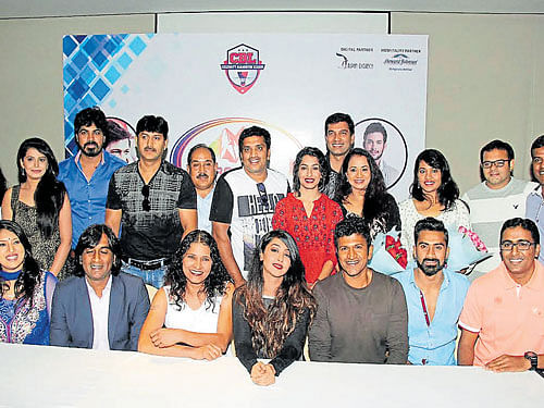 The 'Karnataka Alps' team poses with Aindrita Ray, Puneeth Rajkumar, Justin Samuel James (team owner) and Moses Tychicas (Head of Strategy and Business Administration)