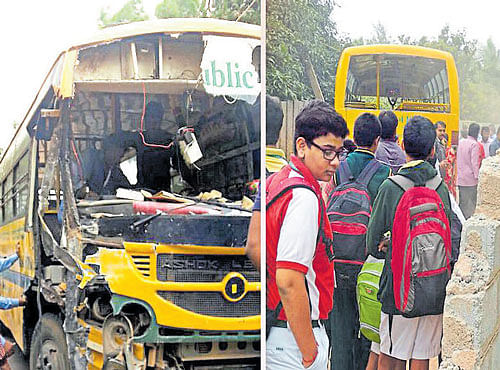 The bus which crashed into a compound wall on Thursday.