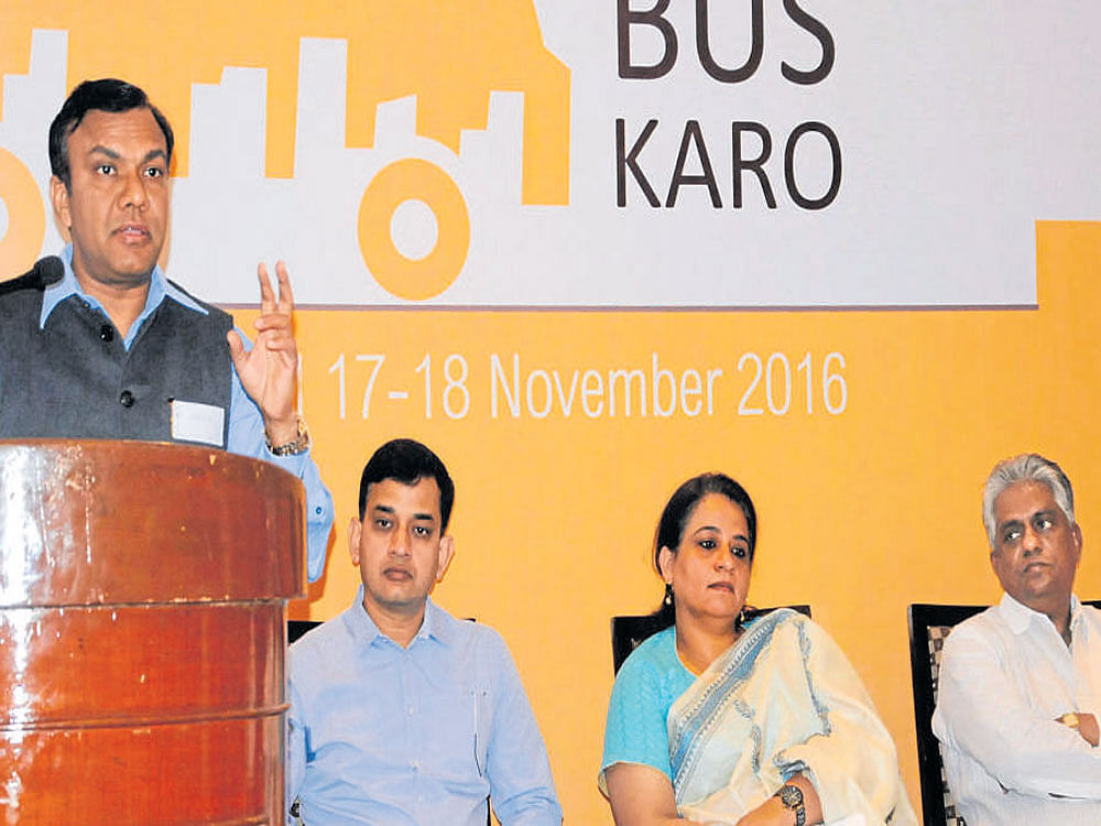KSRTC Managing Director Rajendra Kumar Kataria speaks  at a workshop on 'Modernisation of City Bus Services-Vision 2022' on Thursday. Amit Bhat of WRI&#8200;India, BMTC&#8200;MD&#8200;Ekroop Caur and chairman Nagaraju Yadav look on.