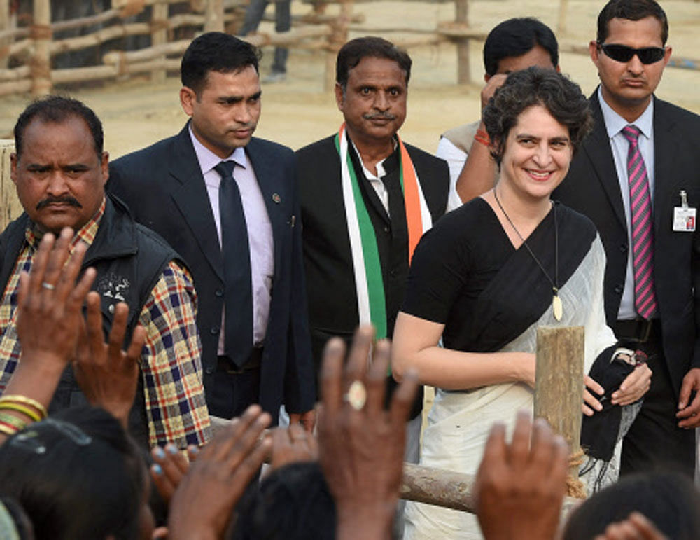 Congress leader Priyanka Gandhi Vadra arrives at an election rally in Raebareli, which is the Lok Sabha constituency of her mother and party president Sonia Gandhi, on Friday. PTI