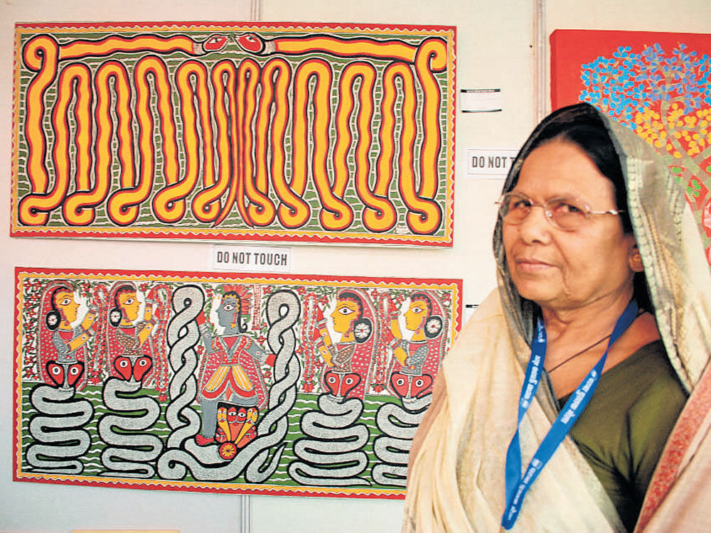 Baua Devi with her Madhubani paintings at Patna Book Fair. Mohan Prasad