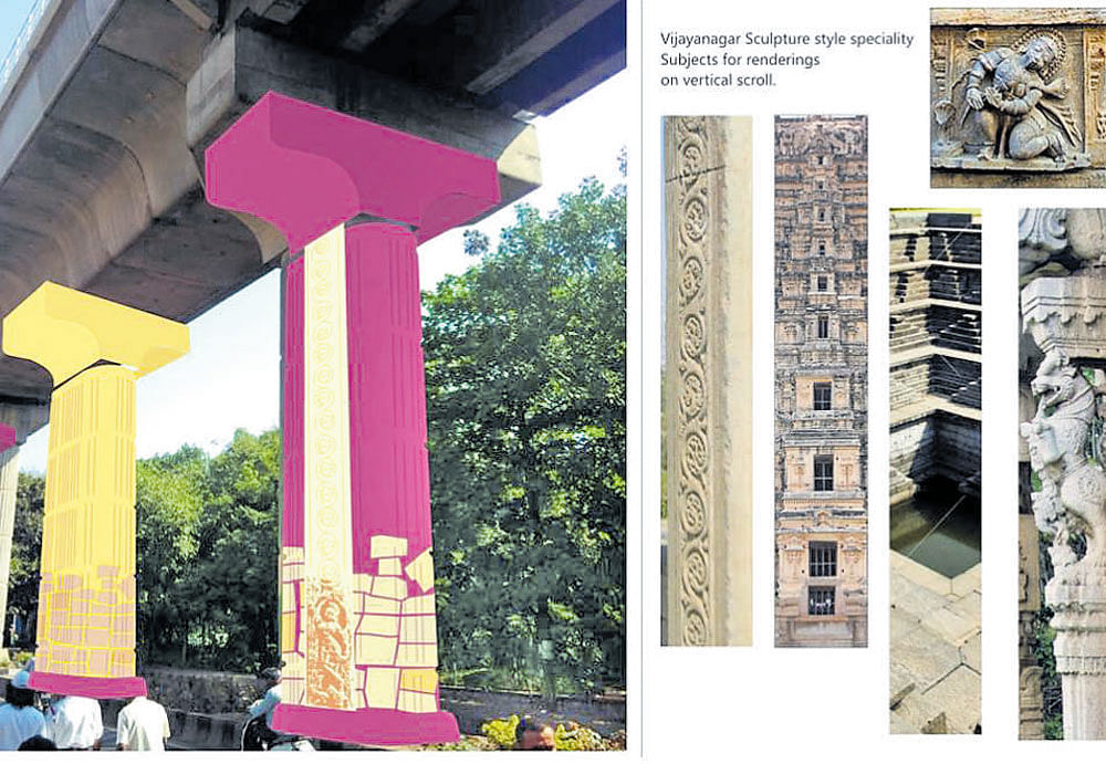 An artist's impression of the Metro pillars with replicas of Hampi sculptures.