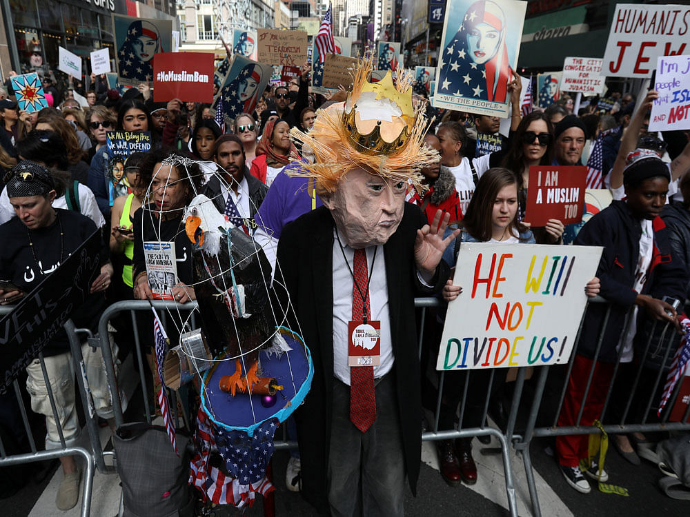 A man dressed as U.S. President Donald Trump takes part in an 'I am Muslim Too' rally in Times Square Manhattan, New York. Reuters photo
