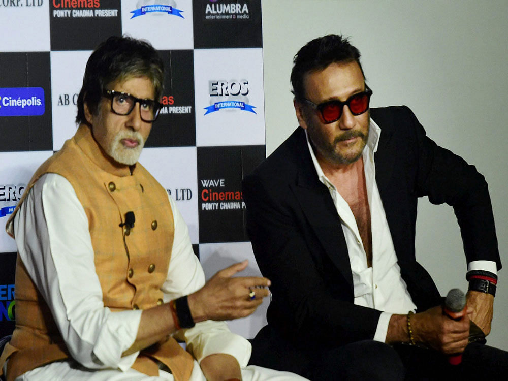 Bollywood actors Amitabh Bachchan and Jackie Shroff during the trailer launch of Sarkar 3, in Mumbai on Wednesday. PTI Photo