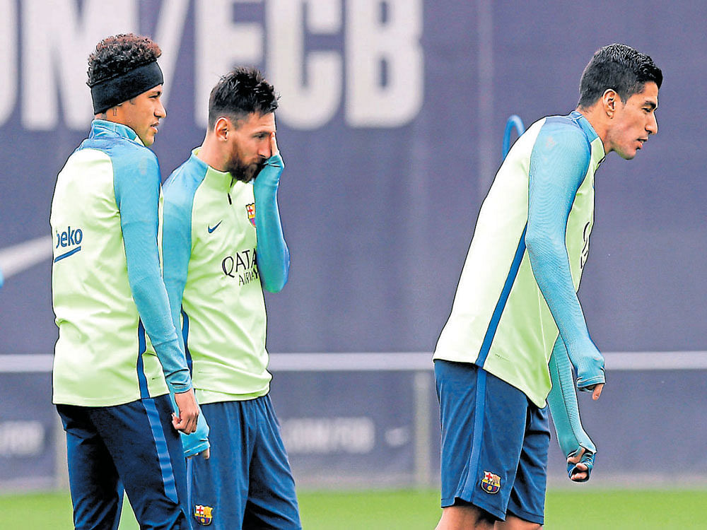 Main&#8200;Men Barcelona will need their striking trio of (from left) Neymar, Lionel Messi and Luis Suarez to be on top of their game against Paris St Germain. reuters