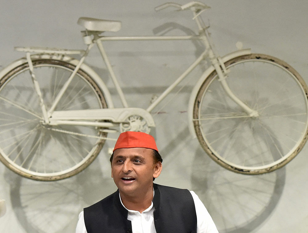 To a question, the Samajwadi Party chief quipped, 'Our cycle is not punctured as it was tubeless. Politics is uncertain.' PTI file photo