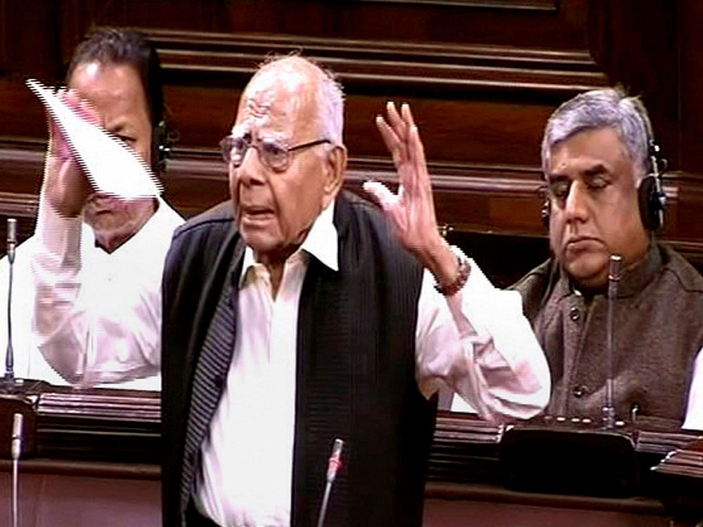 Lawyer and RJD member Ram Jethmalani speaks in the Rajya Sabha in New Delhi on Tuesday. PTI