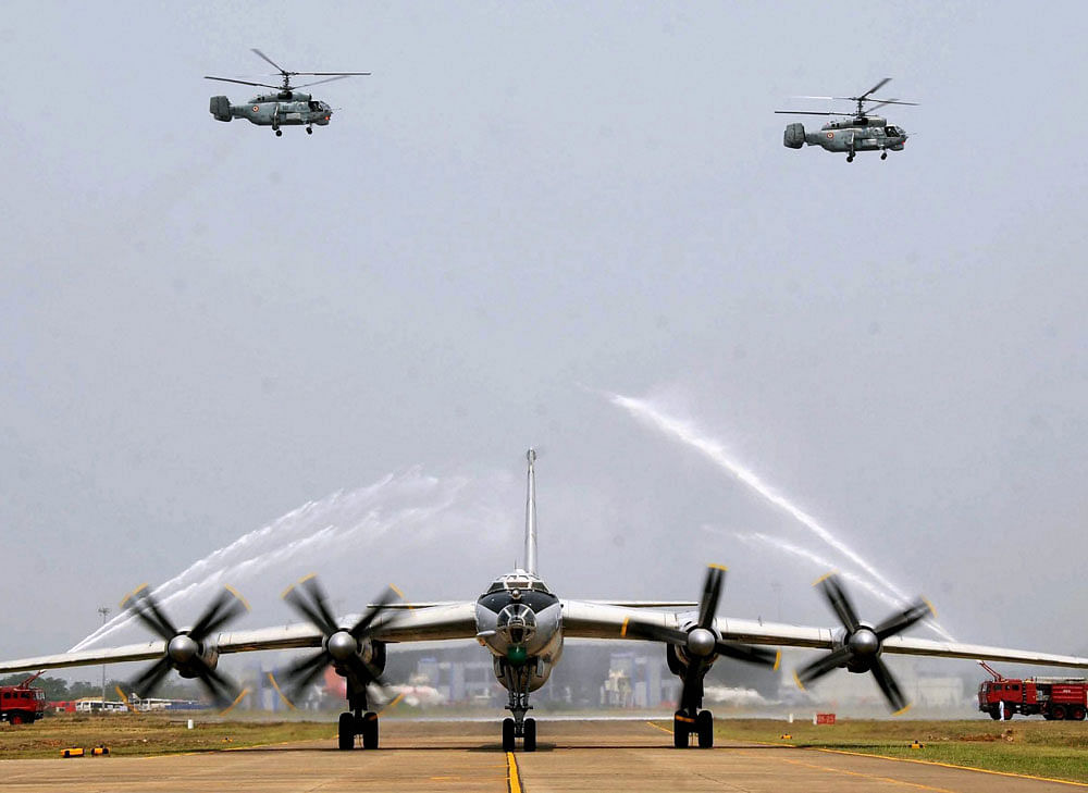 Decommissioned naval aircraft TU-142 M which made a final landing at INS Dega naval base in Visakhapatnam on  Saturday. PTI