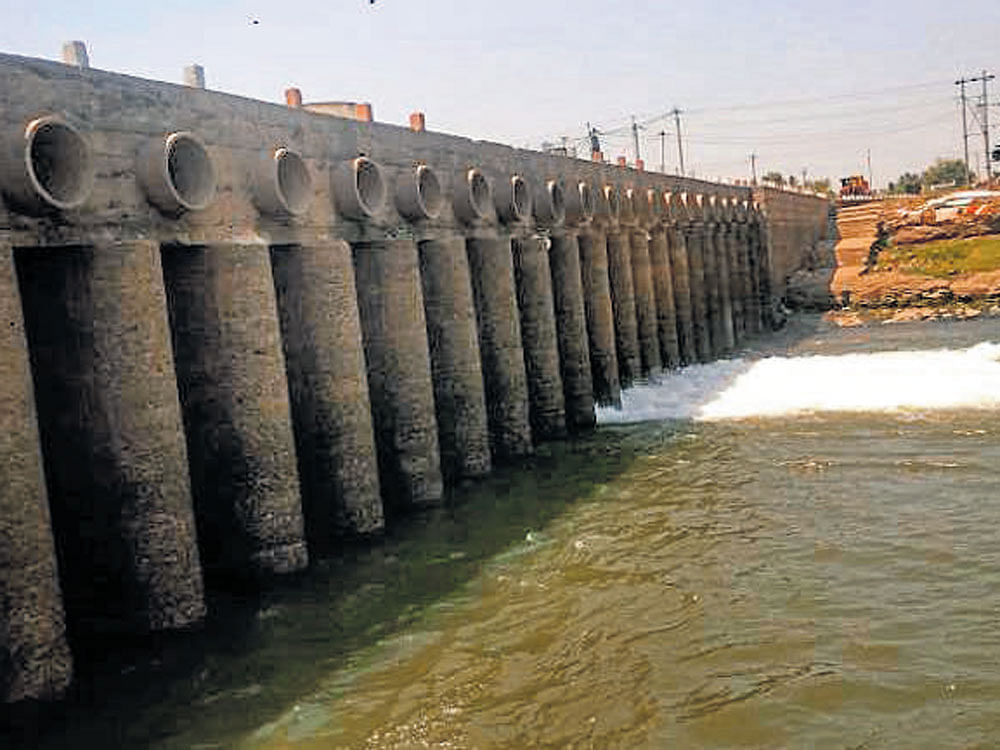 Water released from the Kalammawadi dam in Maharashtra reached the Karadga barrage across River Doodhganga in Chikkodi taluk, Belagavi district, on Wednesday. DH PHOTO