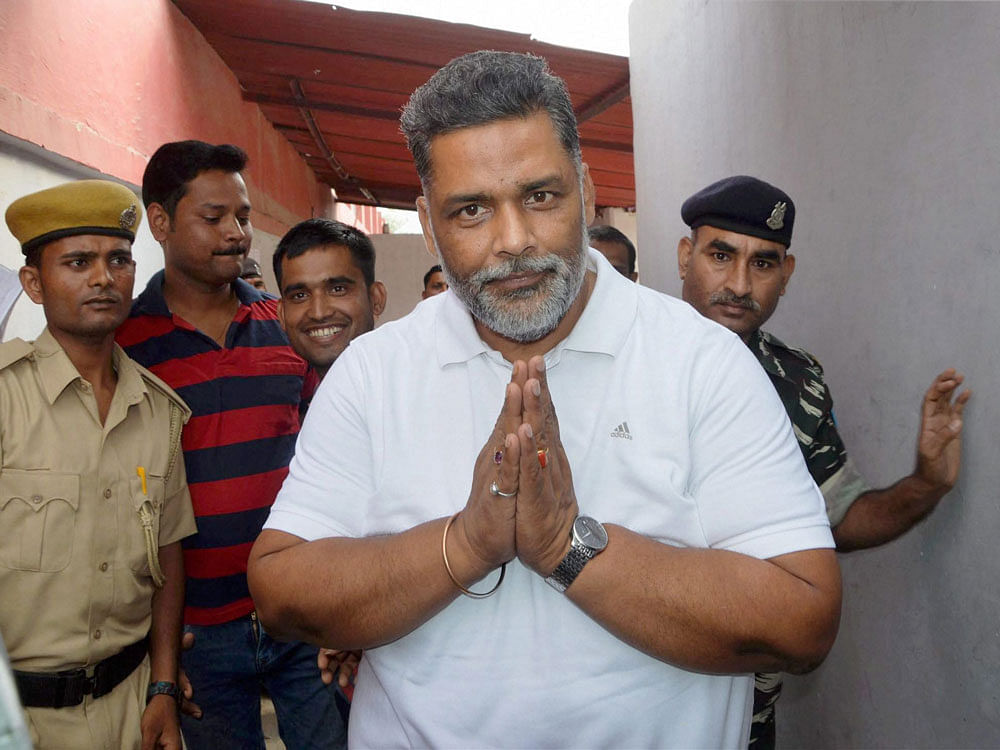 Jan Adhikar Party Chief and MP from Madhepura, Pappu Yadav comes out of Beur Jail after getting the bail from the court in Patna on Friday. PTI Photo