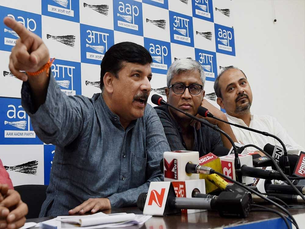 'A game of exploitation is being played against the AAP. The BJP is hatching a conspiracy against the AAP through Mishra,' AAP leader Sanjay Singh told reporters during a press conference here. PTI photo