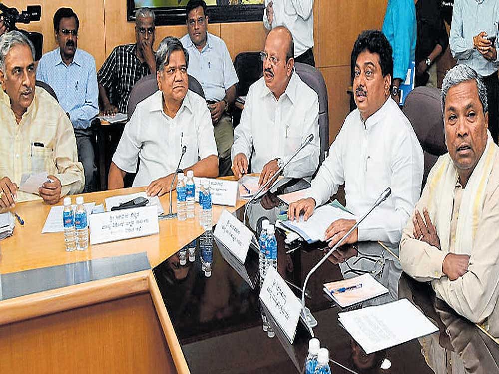 Chief Minister Siddaramaiah chairs an all-party meeting on Cauvery in Bengaluru on Tuesday. (From left) JD(S) leader Basavaraj Horatti, Leader of the Opposition in the Assembly  Jagadish Shettar, Law Minister T B Jayachandra, Water Resources Minister M B Patil