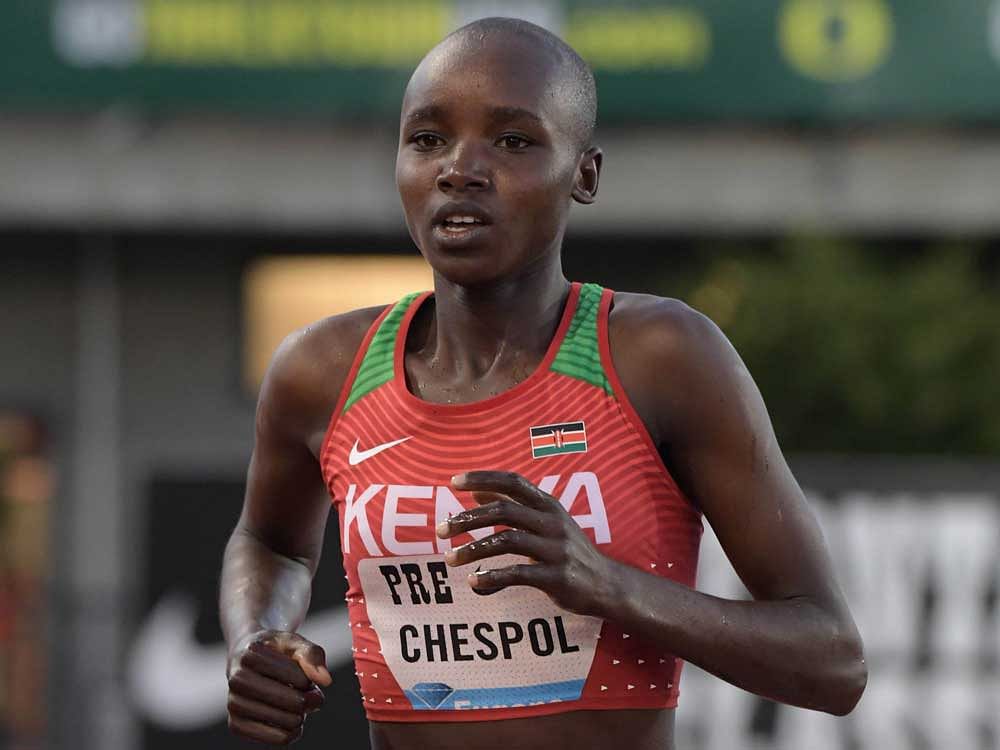 Celliphine Chespol (KEN) wins the women's steeplechase in 8:58.78 during the 43rd Prefontaine Classic at Hayward Field. Reuters.