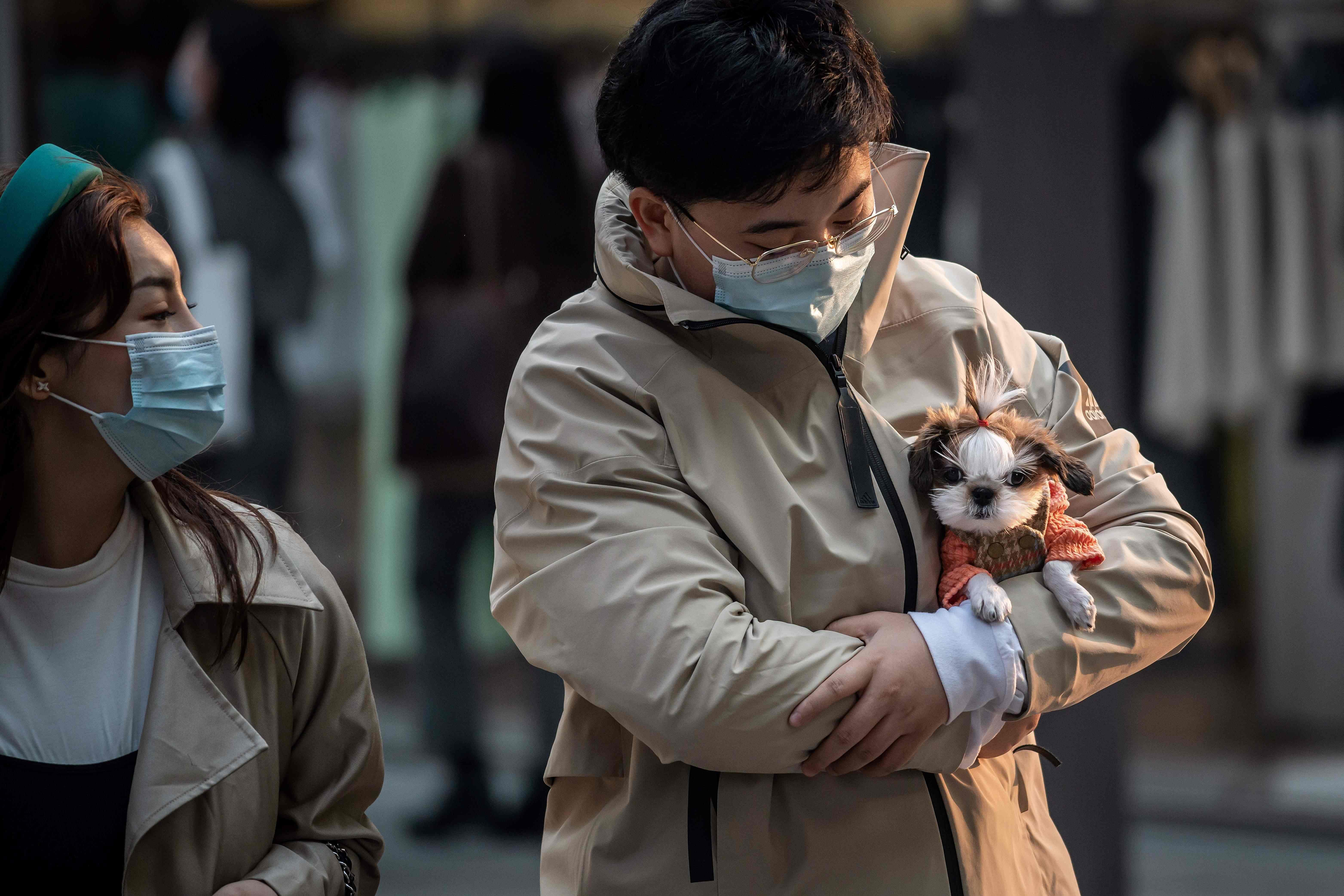 A man (R) wearing a facemask amid the concerns over the COVID-19 coronavirus holds a dog as he walks at a shopping mall in Beijing. (Credit: AFP)