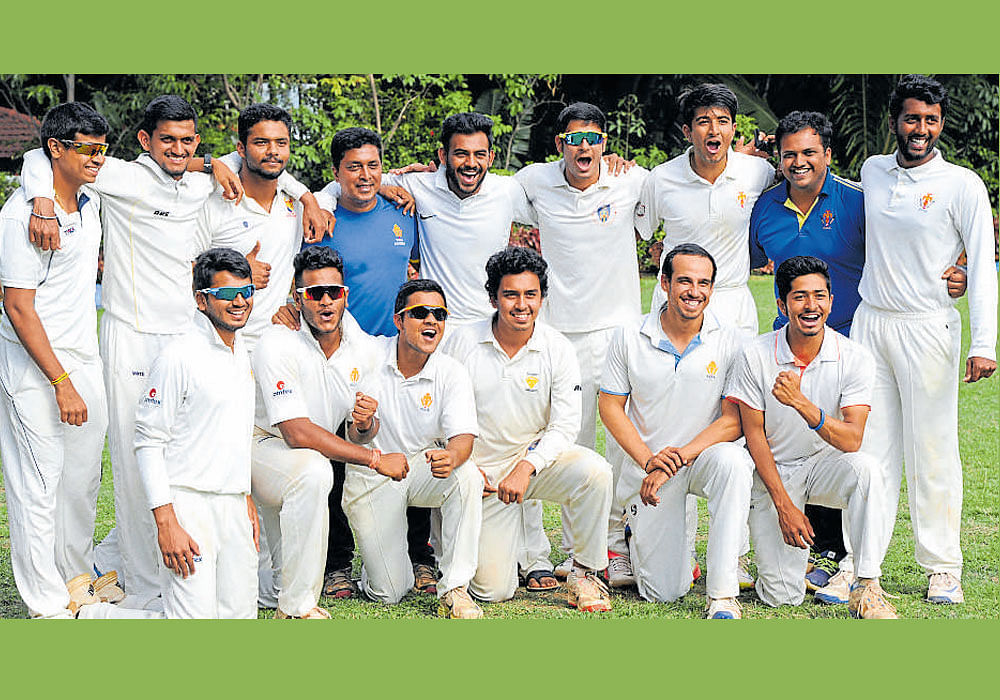 Champions: Bangalore Zone team, winners of the S A Srinivasan memorial cricket tournament on Monday. From left (standing): Vineeth, Mohith, Mashwoq, Harish (coach), Rakshith, Deepesh, Shreyas, Sriranga (Physio), Jaish. (kneeling): Sharath B R, Vyshak, Rajat,  Akshay, Abhinav, Nitesh. Dh photo
