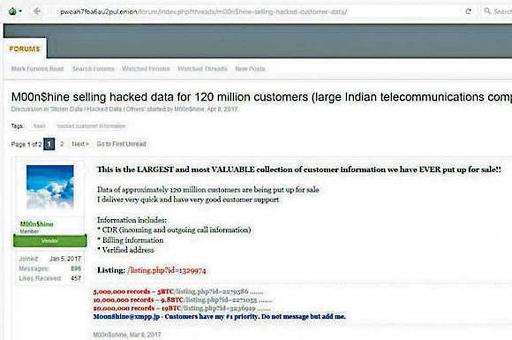 The screenshot of a post on dark web that offers to sell user data of an unnamed Indian telecom company.