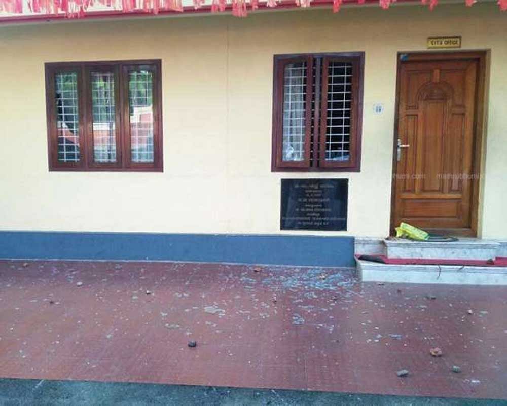Window panes of the CITU office were damaged in the attack believed to be carried out by a gang of five men who reached there on three motorcycles at 2.30 am, police said. They hurled stones at the office, police said. image courtesy: Facebook