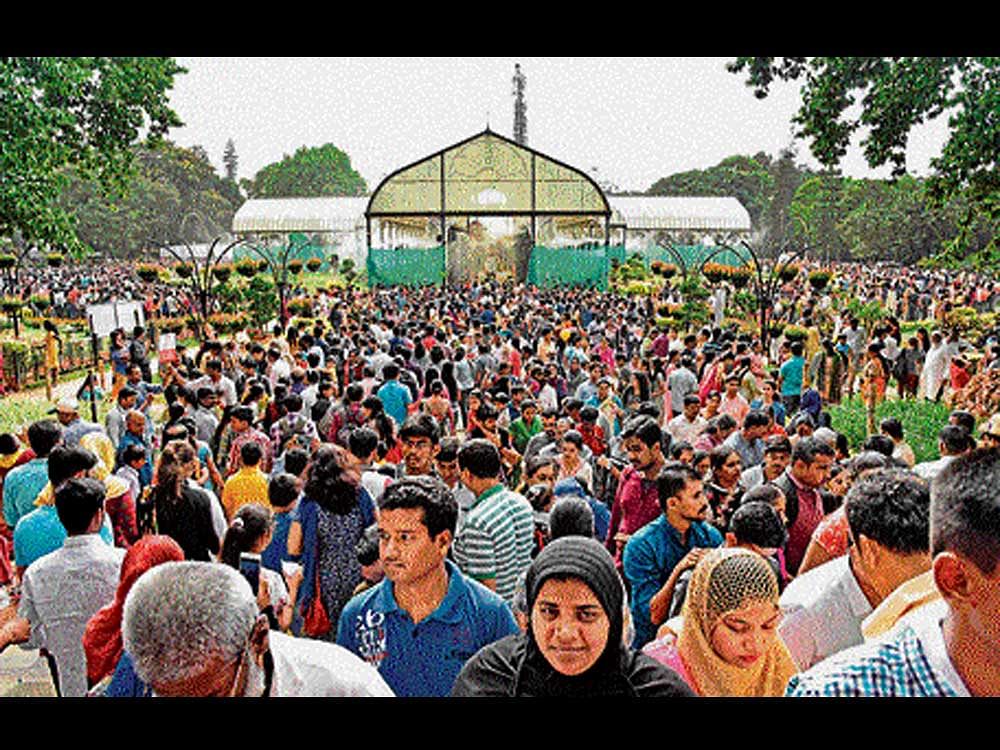 Around 87,200 adults and 9,200 children visited the flower show at Lalbagh on Sunday.  The Horticulture Department earned Rs 47.84 lakh through sale of tickets. DH&#8200;Photo