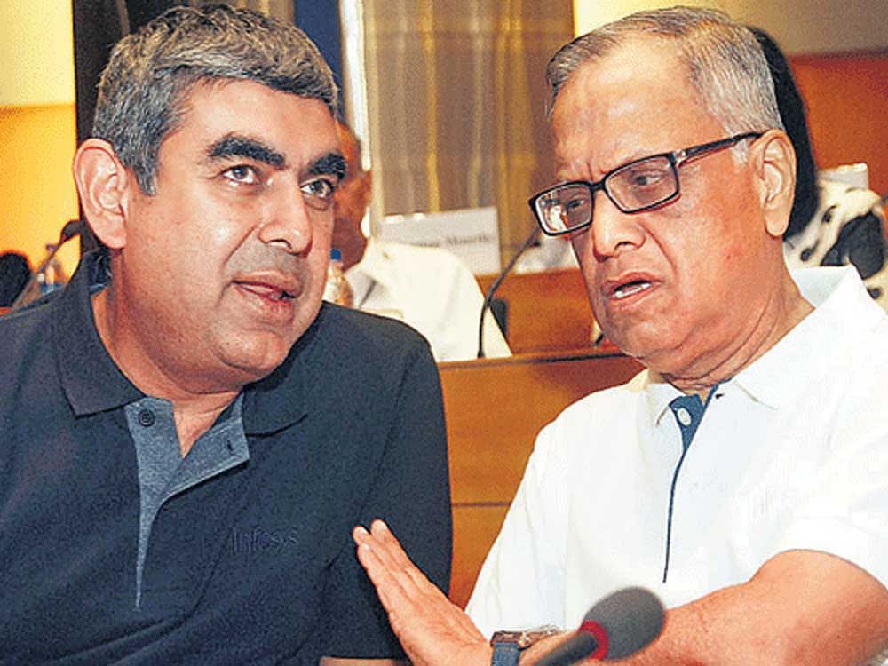 Vishal Sikka with Infosys promoter founder Narayan Murthy. DH file photo
