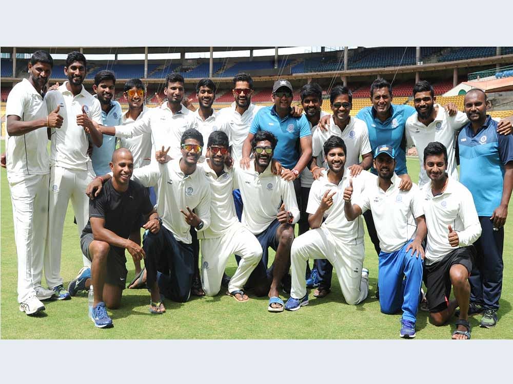 Champions Andra Cricket Association team, winners of the Dr (Capt) K Thimmappaiah Memorial cricket tournament on Wednesday. STANDING (FROM LEFT): Vijayakumar, Stephen, Shina, Ricky Bhui, Karthik Raman, Maneesh, Shaaibh, Watekar (assistant coach), D B Prashanth, Venugopal Rao, Shudeep Ghosh (fitness coach), K S Bharath, Srinivas (physio). (SITTING): Sudharshan (trainer), Shashikanth, Ayyappa, Prudhvi, Sriram, Sumanth, Jyoti Sai Krishna. DH PHOTO