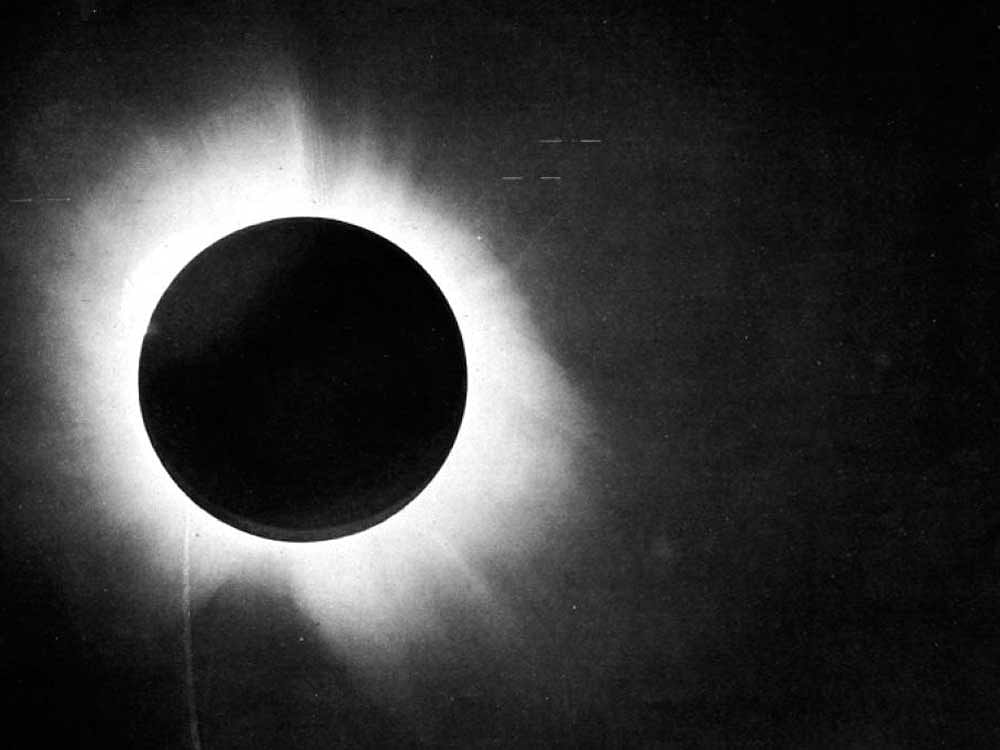 A handout photo of the May 29, 1919 solar eclipse, observed in Sobral, Brazil. It was during that eclipse that the British astronomer Arthur Eddington ascertained that the light rays from distant stars had been wrenched off their paths by the gravitational field of the sun, affirming Einstein's theory of general relativity. (Arthur Eddington via The New York Times)