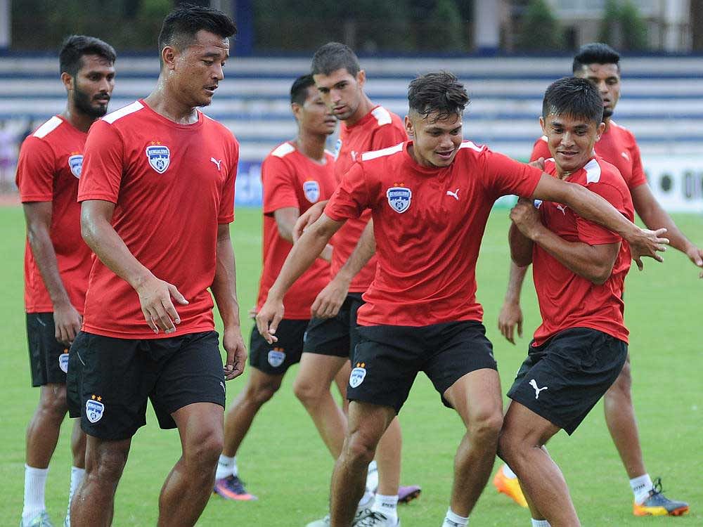 BFC players during the practice session on the eve of their inter zonal semifinal match against 4.25 SC (North Korea) in the AFC football match at Sree Kanteerava Stadium. DH Photo