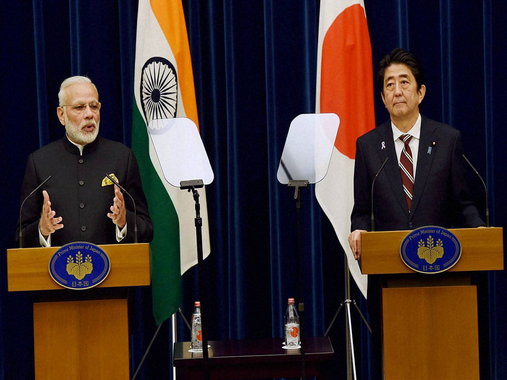 Modi and Abe first conceived the Asia-Africa Growth Corridor during their last summit in Tokyo in November last year. PTI file photo