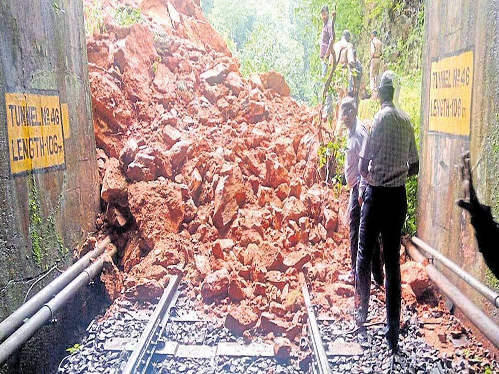 A blocked railway track at Shiribagilu, between Sakleshpur in Hassan district and Subramanya in Dakshina Kannada district.