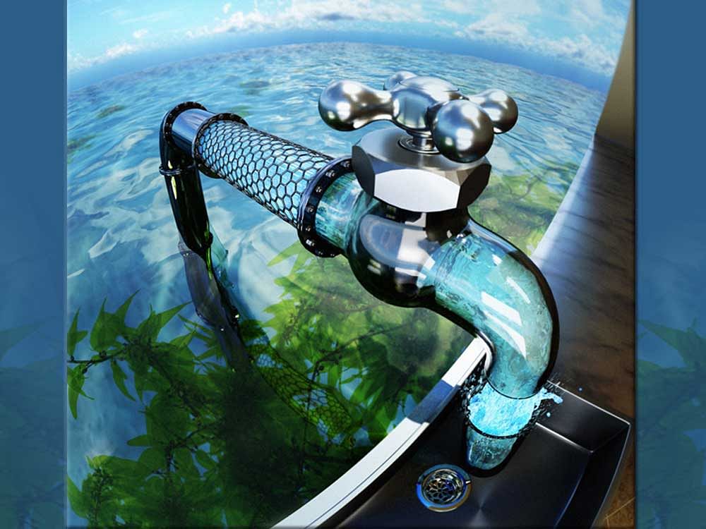 An artist's depiction of the promise of carbon nanotube porins for desalination. The image depicts a stylized carbon nanotube pipe that delivers clean desalinated water from the ocean to a kitchen tap. Image by Ryan Chen/LLNL