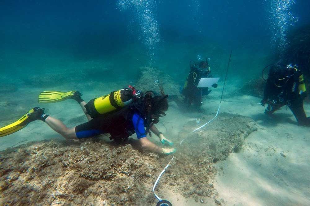 Divers checking a piece of the ruins of Neapolis, off Tunisia. Twitter photo.