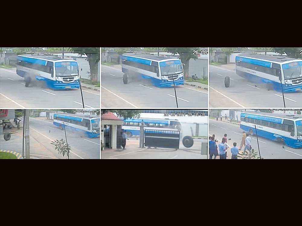 CCTV grabs of front tyre of a BMTC bus that came off in Peenya TVS Cross. Though the incident happened on August 26, the CCTV footage went viral on Saturday. Twenty-five passengers escaped unhurt. BMTC staff had not reported the incident to the control room.