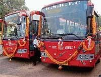 KSRTC Volvo buses ready to start their journey to Kasargod from Manipal on Saturday.