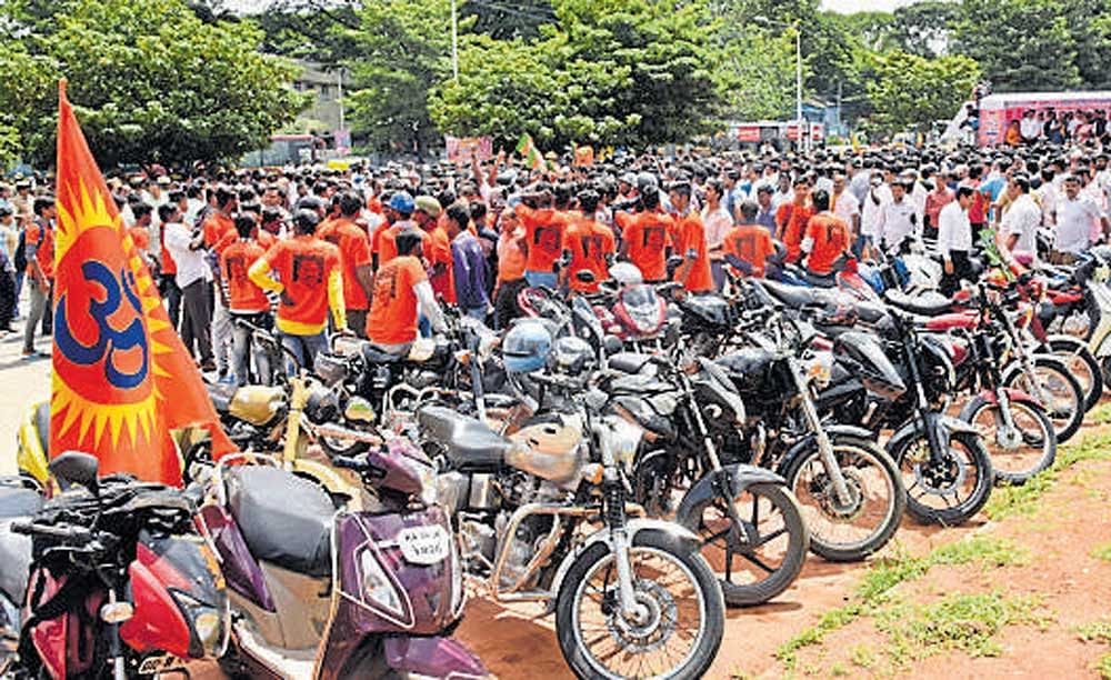 Bikes line up at the BJP's 'Mangaluru Chalo' rally, at Freedom Park in Bengaluru on Tuesday. DH Photo by Janardhan B K