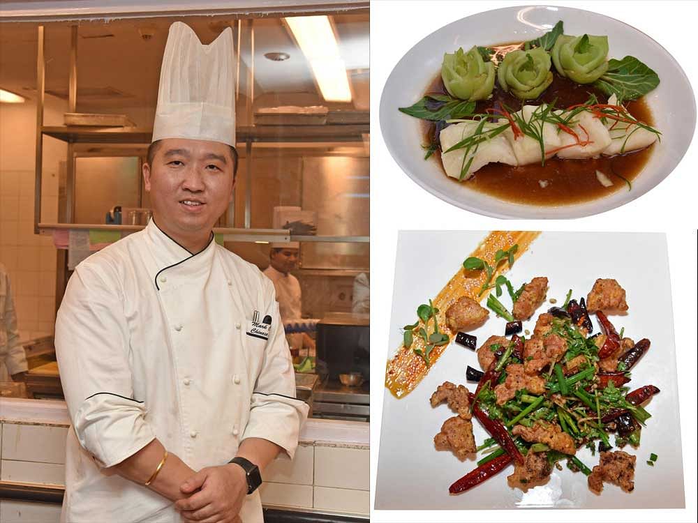 Master Chef Guang Cheng at The Oberoi in Bengaluru. Photo by S K Dinesh. On right: 'Steamed seabass soya and ginger broth' (above) and 'La zi kai' (below).