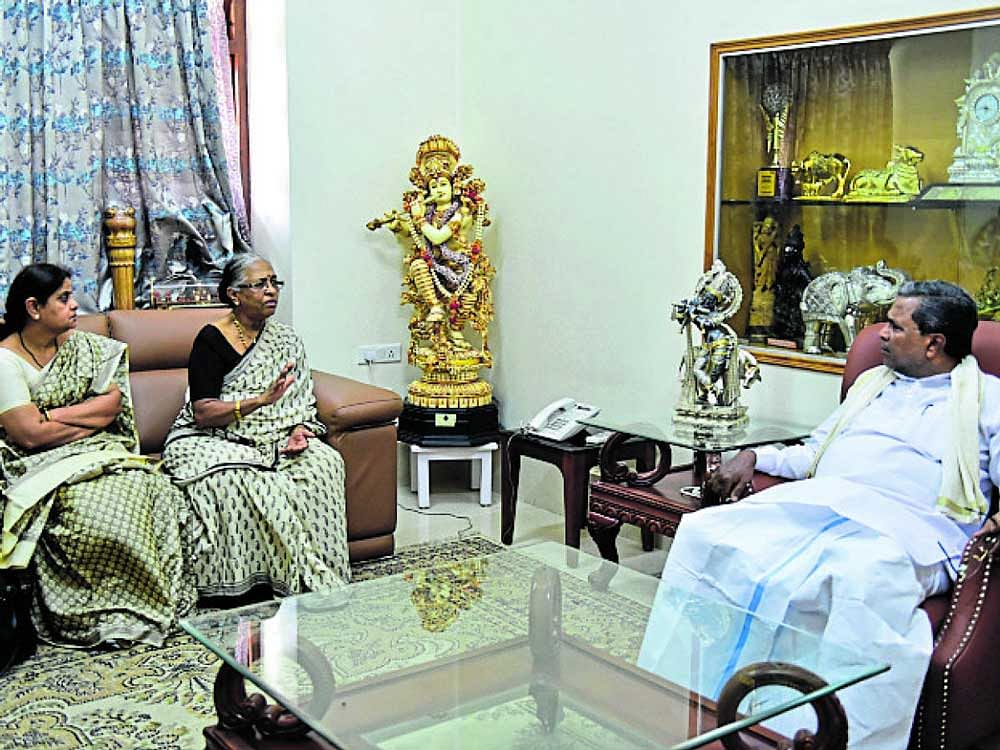 Indira Lankesh, Mother of Gauri Lankesh meets Chief Minister Siddaramaiah at the CM's official residence Cauvery in  Bengaluru on Saturday.