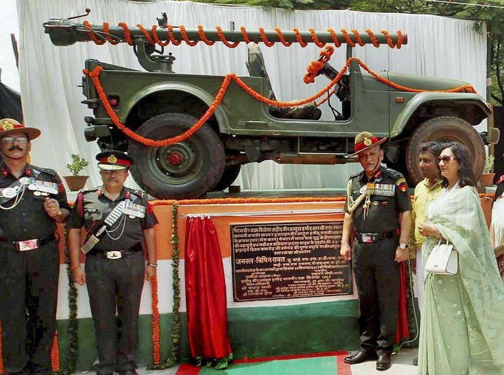 Army chief General Bipin Rawat unveiled a memorial during the anniversary of Param Veer Chakra Havildar Abdul Hamid in Bhamupur village of Gazipur on Sunday. PTI Photo
