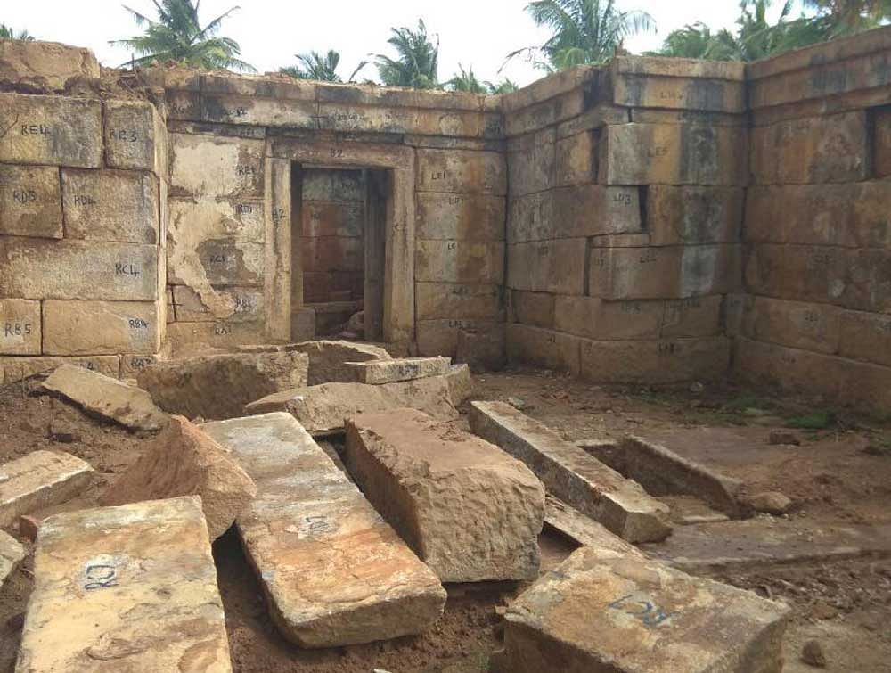Restoration works taken up on the Parshwanatha temple in Halebelagola, Hassan, by the State Archaeology department. DH Photo