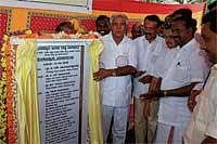 Chief Minister B S Yeddyurappa unveiling the plaque top mark the foundation stone for the Anekere project in Karkala.