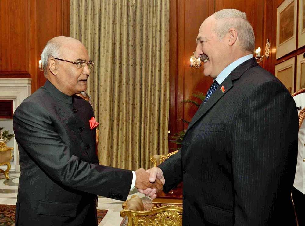 President Ram Nath Kovind meeting with Alexander Lukashenko, President of the Republic of Belarus, at Rashtrapati Bhavan in New Delhi on Tuesday. PTI Photo / RB