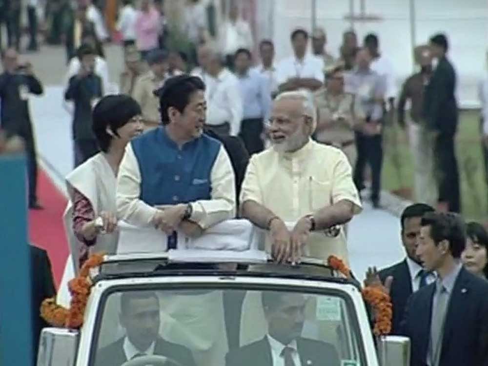 Prime Minister Narendra Modi welcomed Japan Prime Minister Shinzo Abe. Image courtesy ANI/Twitter