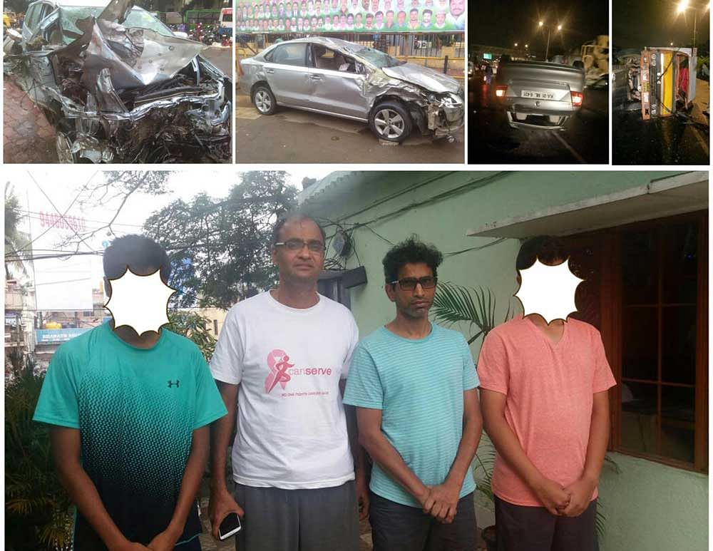 A boy killed on the spot, while two others escaped unhurt in a jolly ride on Hosur Road on Sunday wee hours, in Bengaluru. All three boys, studying in leading international schools and belonging to high profile families, went in three cars for a ride. While coming down on the elevated flyover, all the three cars touched each other triggering the accident. One of the cars hit a goods vehicle. DH Photo