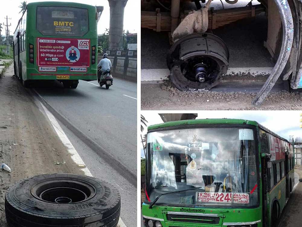 The BMTC bus whose wheel came off at Mylasandra near Kengeri on Monday. DH photo