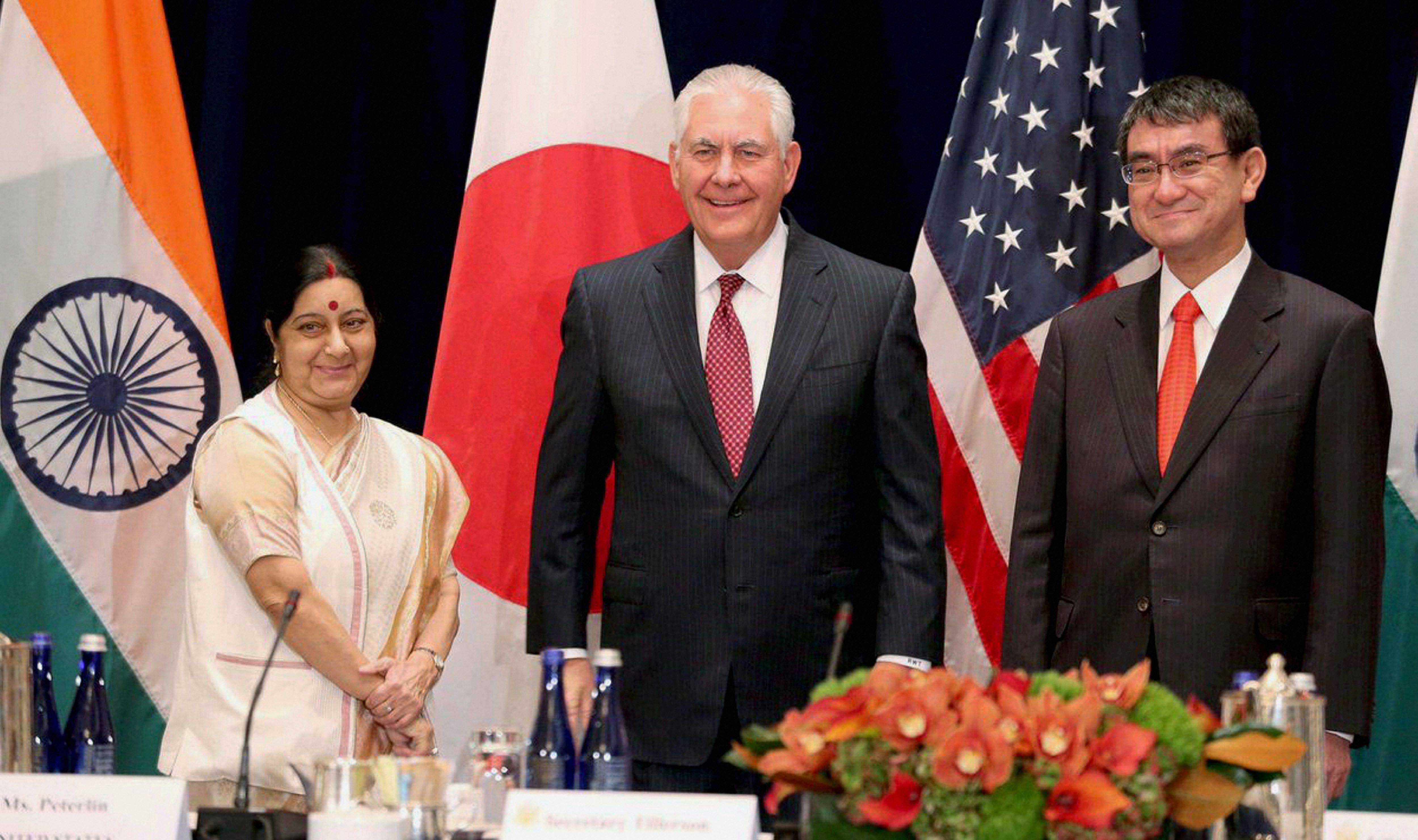 U.S. Secretary of State Rex Tillerson, center, stands with Indian External Affairs Minister Sushma Swaraj, left, and and Japanese Foreign Minister Taro Kono, at the Palace Hotel in New York on Monday. PTI Photo